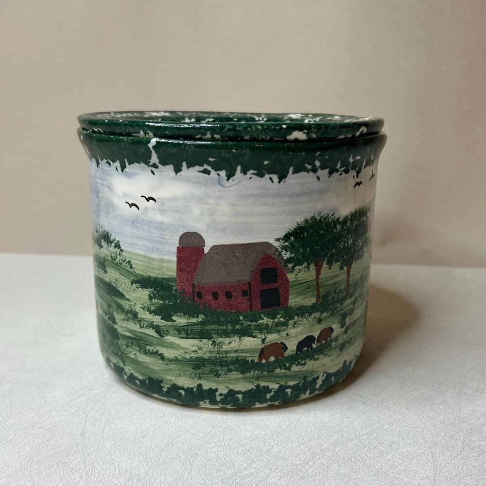 Vintage Dip Chiller Set — Hand Painted Barn Scene Spongeware Rustic